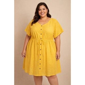 Yellow Eyelet Dress Button Front Short Sleeve Boho Summer Casual Spring Floral